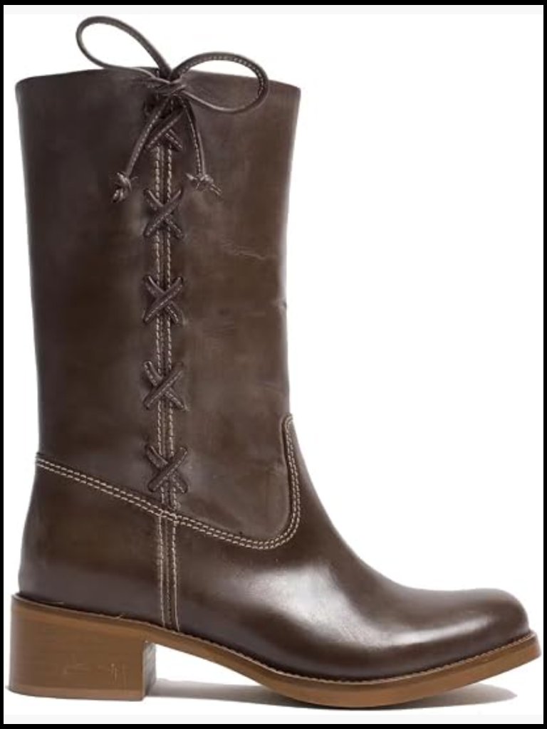 Mid Calf Riding Boots Chunky Block Low Heel Side Lace Vintage Campus Pull On